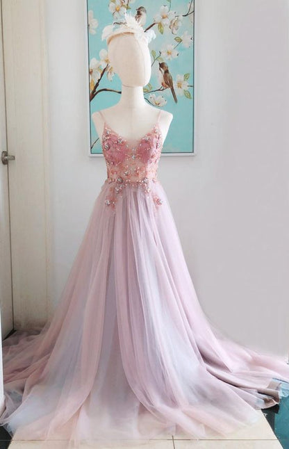 Tulle Pink Prom Dress With Slit Tulle Spaghetti Strap Jewelry Tulle Prom/Evening Dress Christmas Dress    cg19796