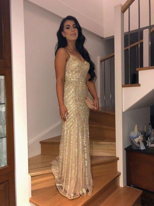 Spaghetti Straps Mermaid Tulle Prom Dresses with Sequins    cg19807