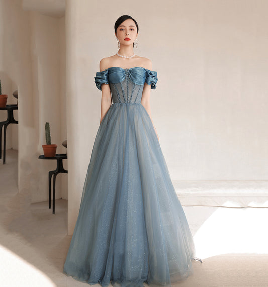 BLUE TULLE LONG A LINE PROM DRESS OFF SHOULDER EVENING DRESS    cg19811