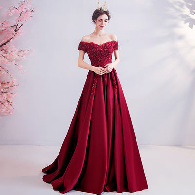 Off the Shoulder Red Lace Appliqued Prom Dress    cg19813