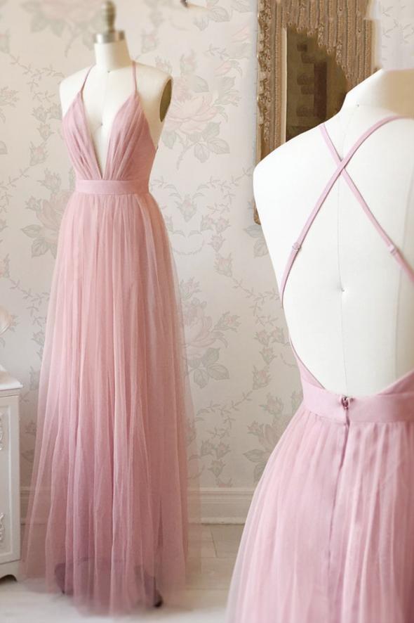 Simple v neck tulle long prom dress evening dress    cg19818