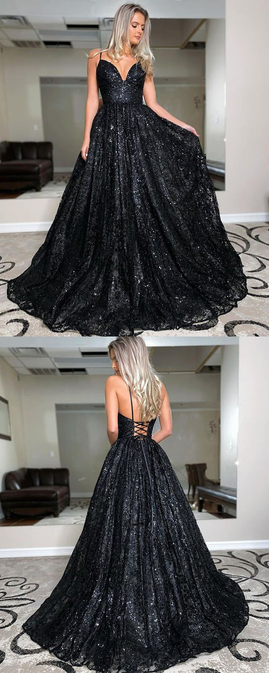 Spaghetti Straps Black Sequin A-line Prom Dress    cg19823