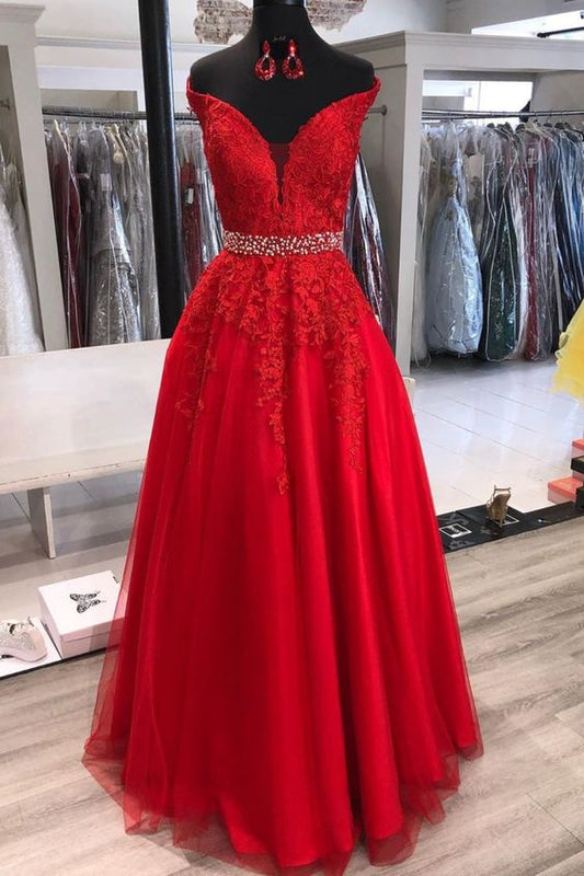 Off the Shoulder Red Long Prom Dress with Appliques    cg19830