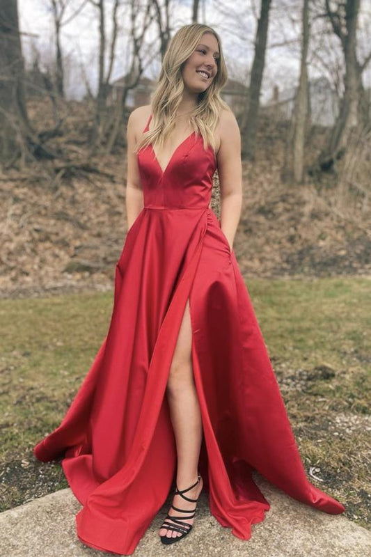 Red v neck satin long A line prom dress evening dress    cg19834