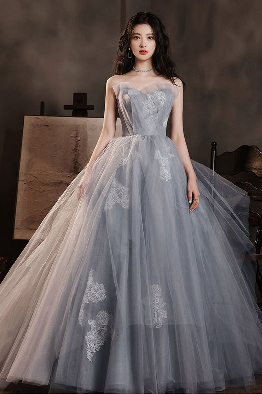 GRAY TULLE LACE LONG PROM DRESS GRAY TULLE FORMAL DRESS    cg19838