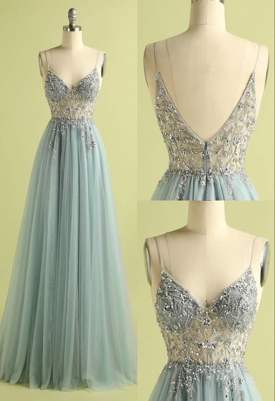 Vintage Prom Dresses, V-neck Slit Tulle Dress     cg19854