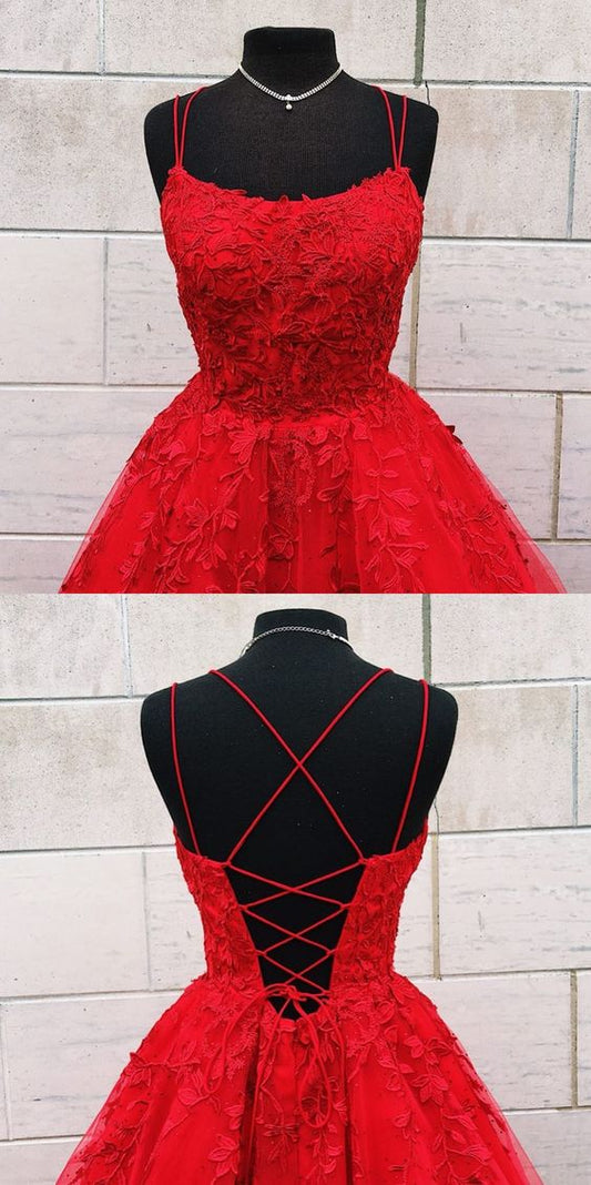 gorgeous red long prom dres with double straps, lace up back and lace appliques    cg19856