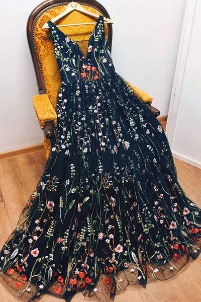 Black Floral Lace V Neck Long A Line Prom Dress, Evening Dress    cg19857