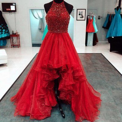 Beaded Halter Organza Ruffles High Low Prom Dresses,Red Heavy Handmade Wedding Bridal Gown   cg19859