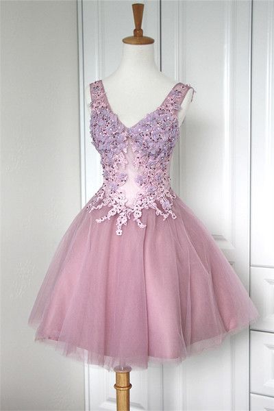 Pink Homecoming Dress, V Neck Homecoming Dress, Lace Homecoming Gowns cg1986