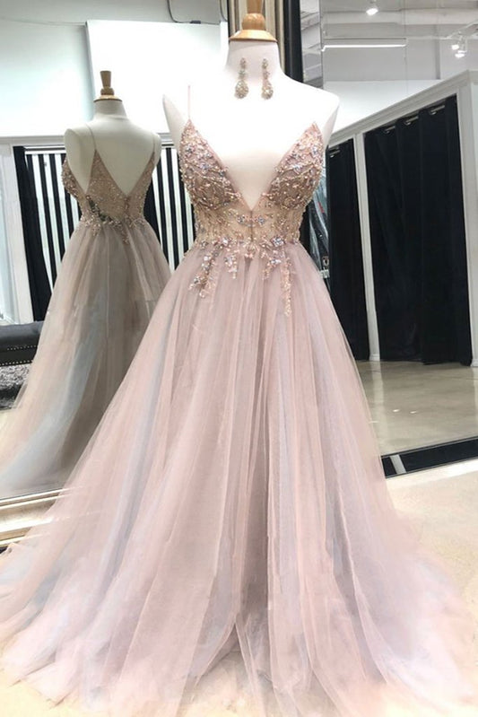 Unique Long V neck Tulle Spaghetti Beaded Evening Dress, Prom Dress    cg19893