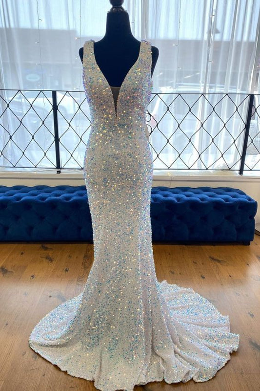 mermaid white and blue sequined long prom dress evening dress    cg19896