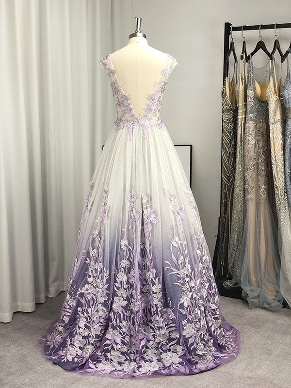 A-Line/Princess V-neck Tulle Applique Sleeveless Floor-Length prom dress     cg19899