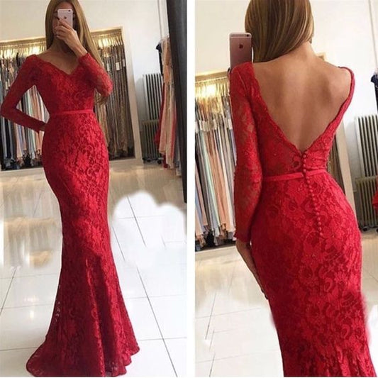 Red Lace Mermaid Prom Dresses | V-Neck Long Sleeves Evening Dresses   cg19908