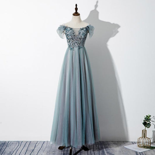 Green Tulle Lace Applique Off Shoulder Party Dress, A-Line Long Formal Dress Prom Dresses    cg19926