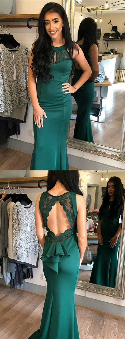 Mermaid Round Neck Open Back Dark Green Formal Dress with Lace Ruffles prom dresses    cg19937