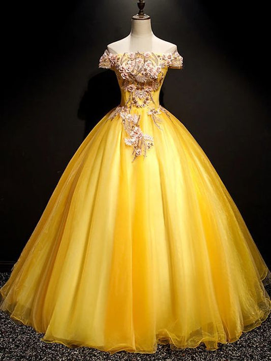 Ball Gown Elegant Floral Quinceanera Prom Dress Off Shoulder Sleeveless Floor Length Tulle with Pleats Appliques   cg19945