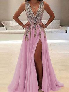 Beautiful Pink Evening Dresses,Chiffon V neck Prom Dresses with Side Slit     cg19954