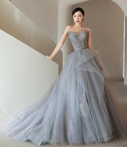 GRAY TULLE LACE LONG BALL GOWN PROM DRESS FORMAL DRESS     cg19971