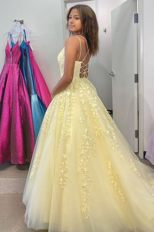 princess yellow lace appliques long prom dress formal dress    cg19988