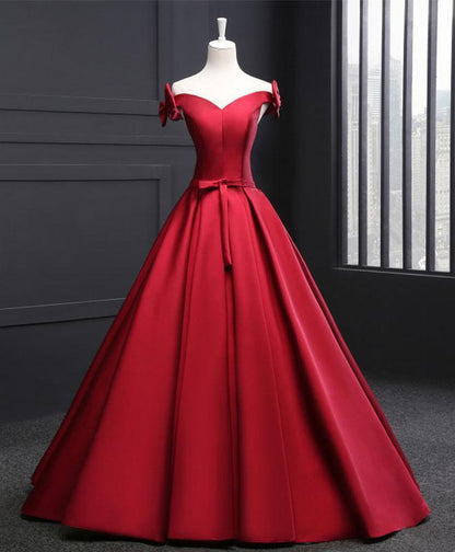 Beautiful Wine Red Satin Long Party Gown, Off Shoulder Prom Dress With Bow    cg20006