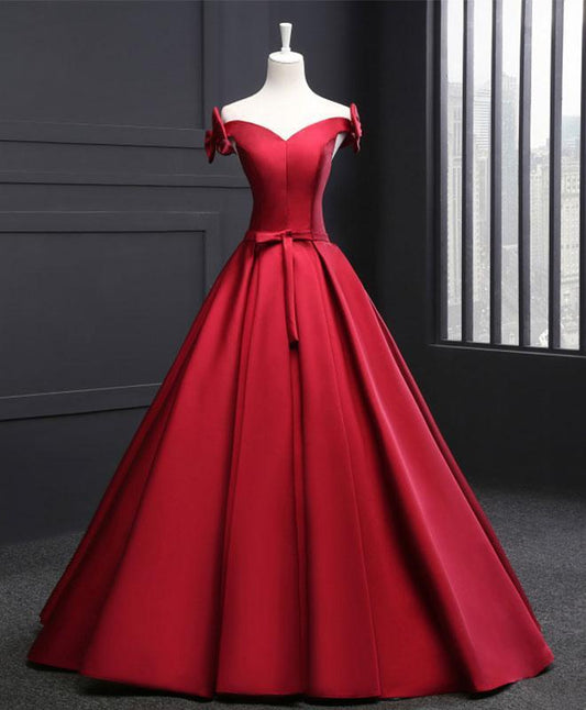 Beautiful Wine Red Satin Long Party Gown, Off Shoulder Prom Dress With Bow    cg20006