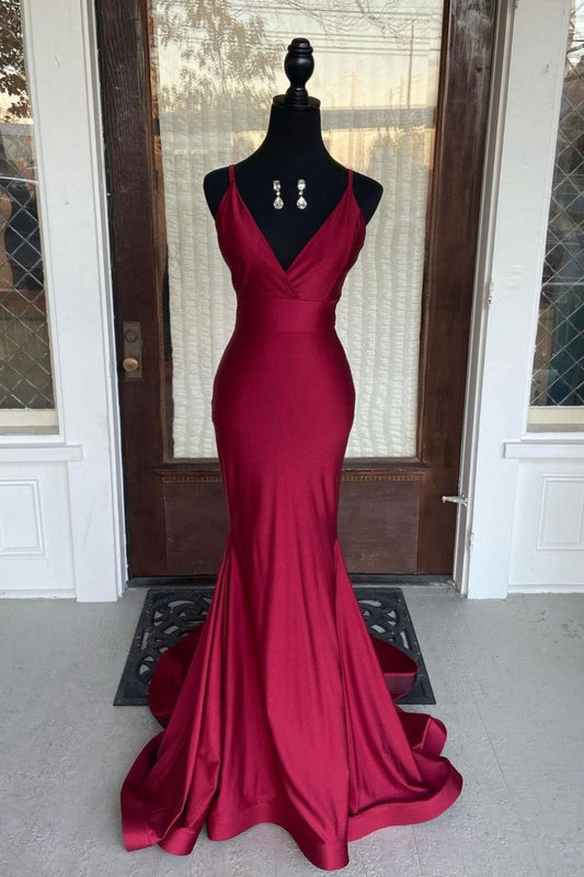 Simple burgundy v neck satin mermaid long prom dress burgundy evening dress   cg20007