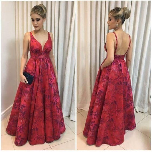 two straps v-neck A-line red flower satin long prom dress    cg20031
