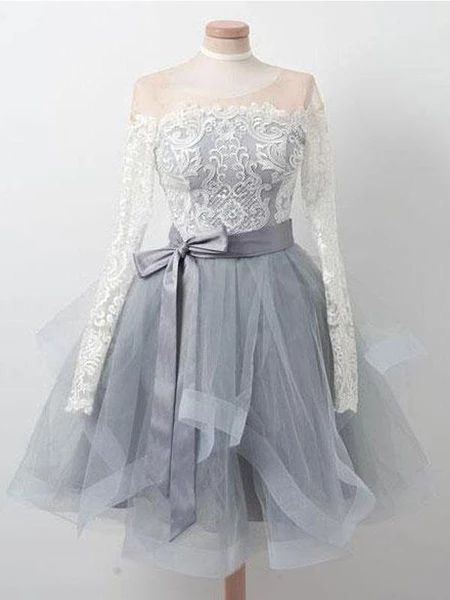 Long Sleeves Lace Grey Short Cheap Homecoming Dresses     cg20034