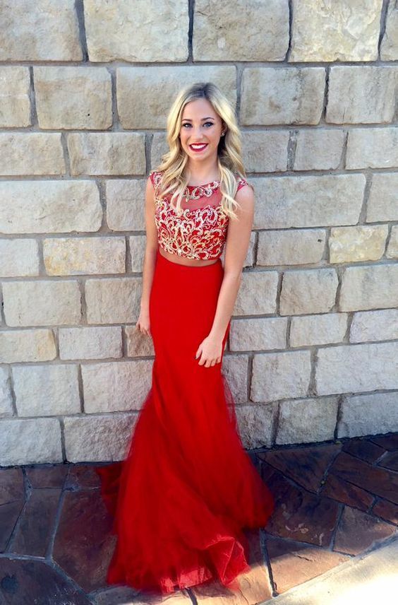 Two piece red long prom dress, beading top formal party dress     cg20098