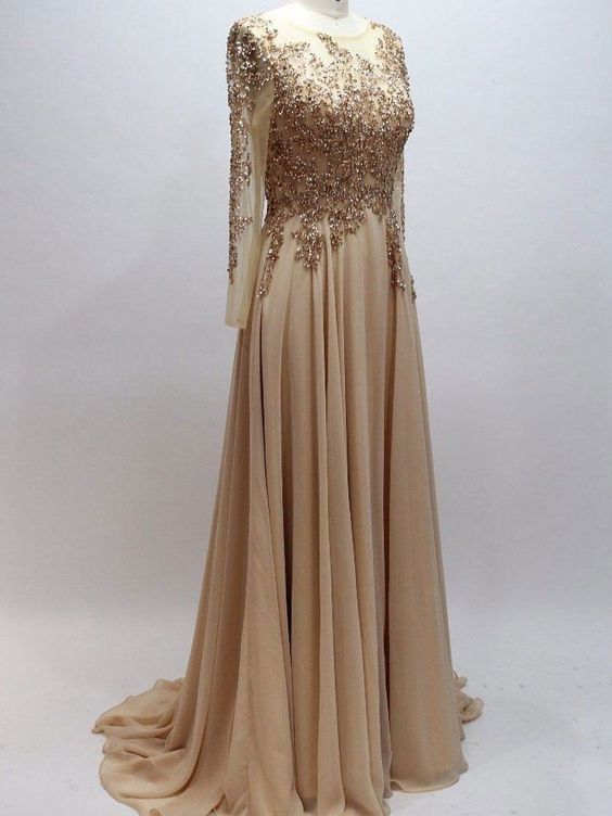 A-line Scoop neck Chiffon with Beaded Long Sleeves  Prom Dresses    cg20112