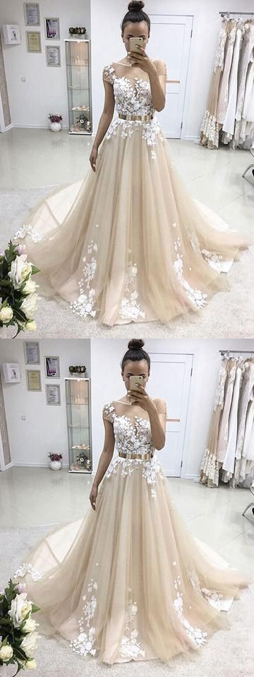 A-line prom dresses,Champagne Bateau Applique Floor Length Tulle Evening Dress Prom Dresses   cg20116