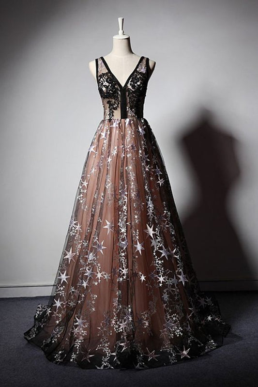 Unique black floral tulle v neck long halter prom dress, party dress    cg20118