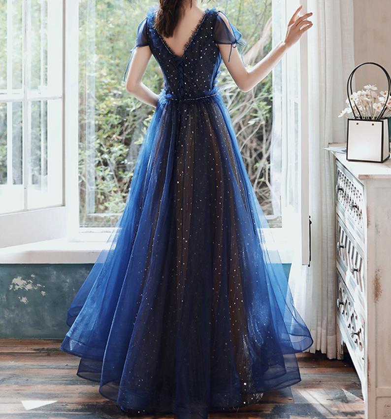 Stars Moon Sequins Prom Dress Navy Blue Long Evening Dress V Neck Banquet Dress   cg20120