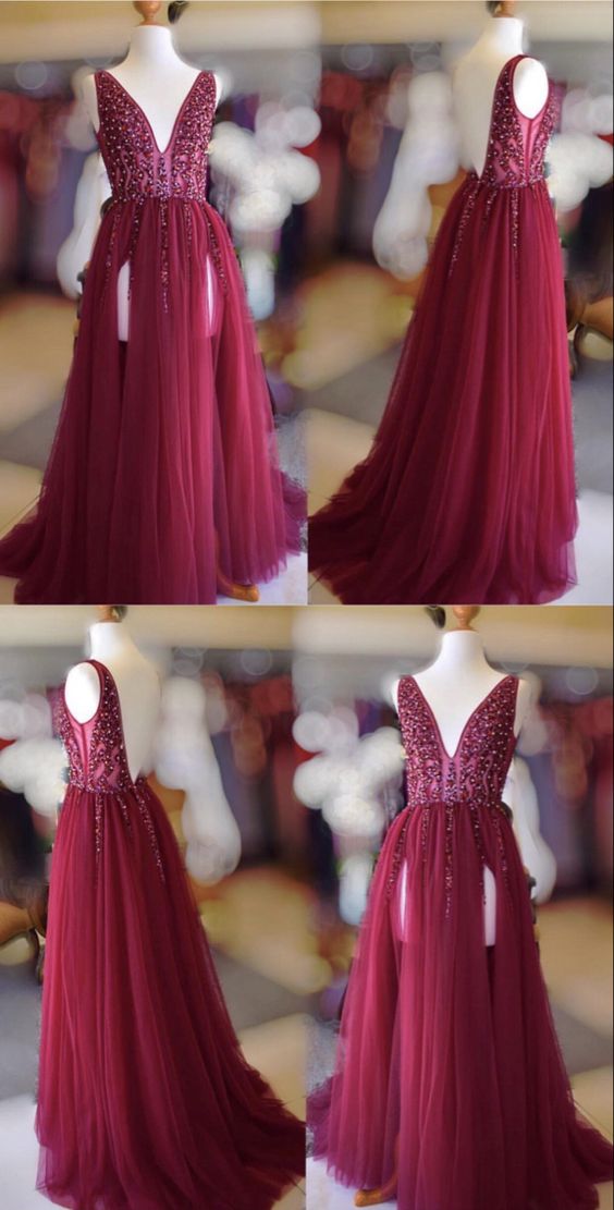 Long burgundy tulle double split formal prom dresses sequins beaded v neck evening gown   cg20124