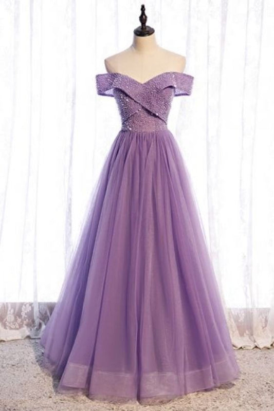 Princess Off the Shoulder Beaded Lilac Long Prom Dress    cg20140