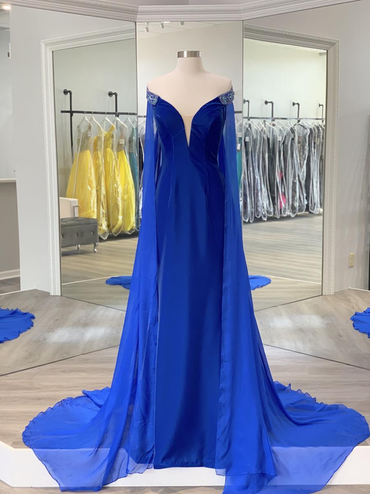 Royal Blue Velvet Elegant Red Carpet Couture Gowns with Chiffon Cape Bead-work Shoulder Off the Shoulder prom dress formal gowns    cg20152