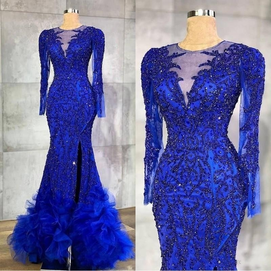 Luxury Royal Blue Evening Dresses Beaded Crystals Sheer Neck Mermaid Arabic Aso Ebi Party Gowns prom dresses    cg20156