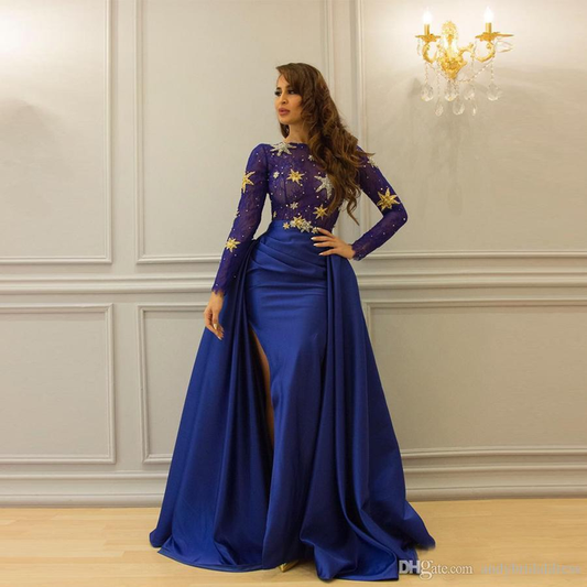 Luxury Royal Blue Beaded Stars Bling Bling Satin Floor Length Evening Dress Prom Dress    cg20164