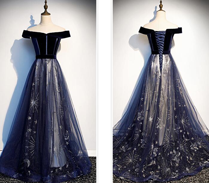 Lovely Off Shoulder Velvet And Tulle Prom Dress, Navy Blue Party Dress Formal Dress   cg20183