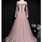 Pink Tulle And Velvet Long Sleeves Flowers Evening Dress, New Style A-Line Party Dress Prom Dress    cg20187