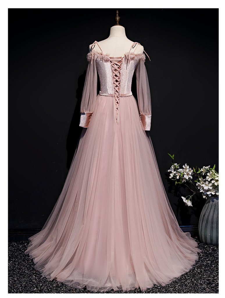 Pink Tulle And Velvet Long Sleeves Flowers Evening Dress, New Style A-Line Party Dress Prom Dress    cg20187