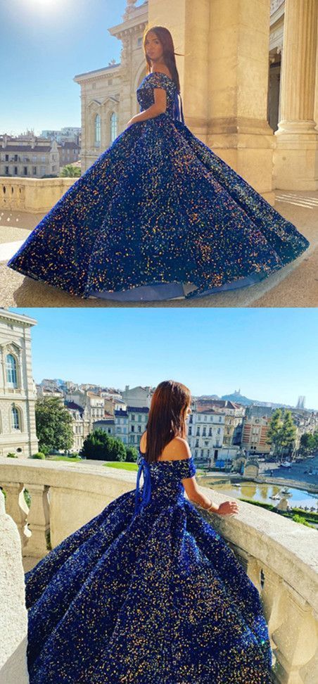 Off The Shoulder Ball Gown Prom Dress, Royal Blue Prom Dress     cg20198