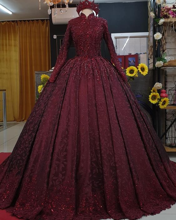 burgundy Long Sleeve Prom Dress Vintage African Prom Dress   cg20204