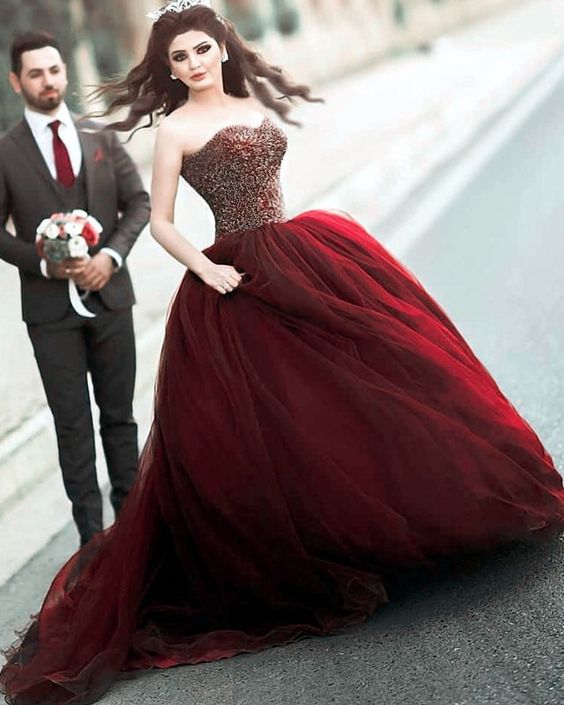 Burgundy strapless wedding dresses prom dresses    cg20219