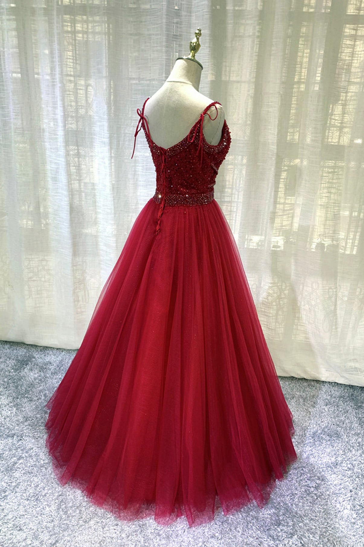 BURGUNDY TULLE BEADS LONG A LINE PROM DRESS EVENING DRESS    cg20222