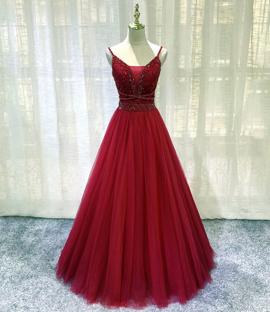 BURGUNDY TULLE BEADS LONG A LINE PROM DRESS EVENING DRESS    cg20222