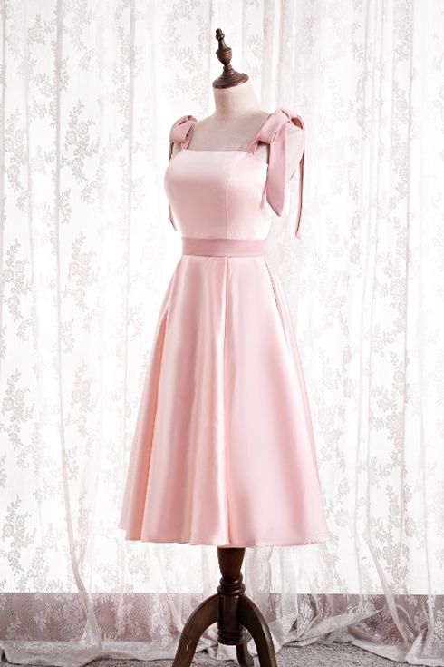 A-line pink satin short party dress homecoming dress with tie shoulders    cg20226