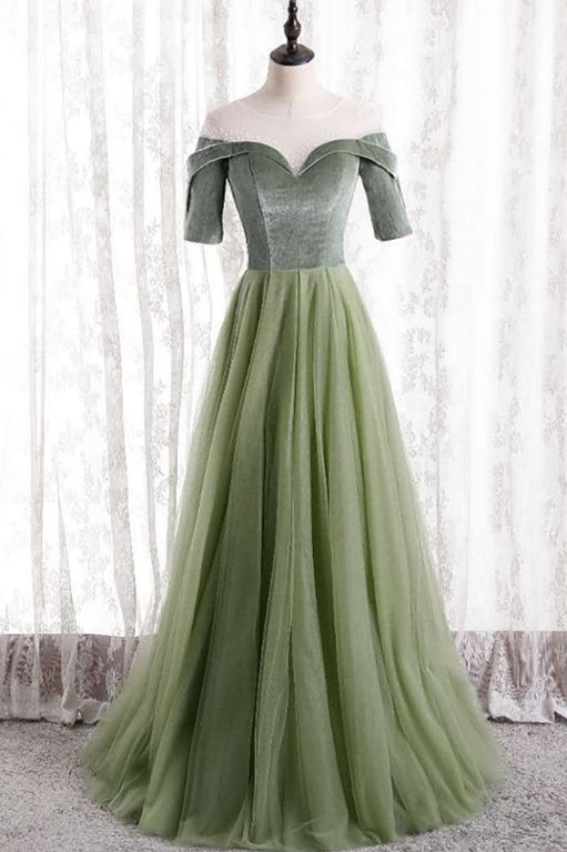 short sleeves sage green tulle long formal dress party dress prom dress    cg20231