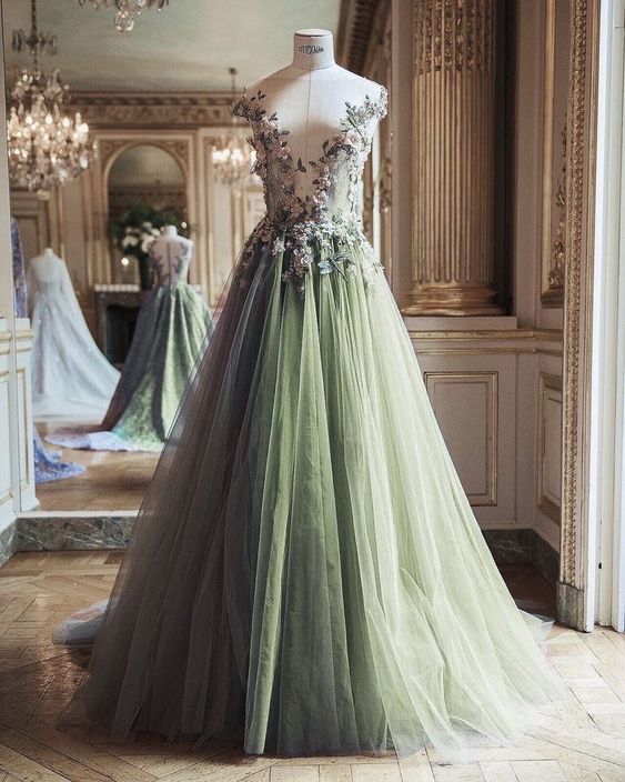 green tulle long formal dress party dress prom dress    cg20232